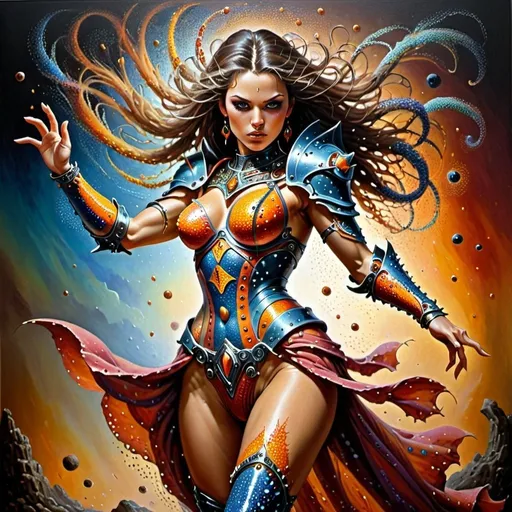 Prompt: Fantasy woman in kinetic pointillism, Boris Vallejo style, dynamic movement, intricately detailed armor, vibrant and rich colors, high energy, powerful stance, high contrast, oil painting, epic fantasy, pointillism, kinetic energy, detailed armor, dynamic pose, vibrant colors, high quality, rich tones, powerful lighting