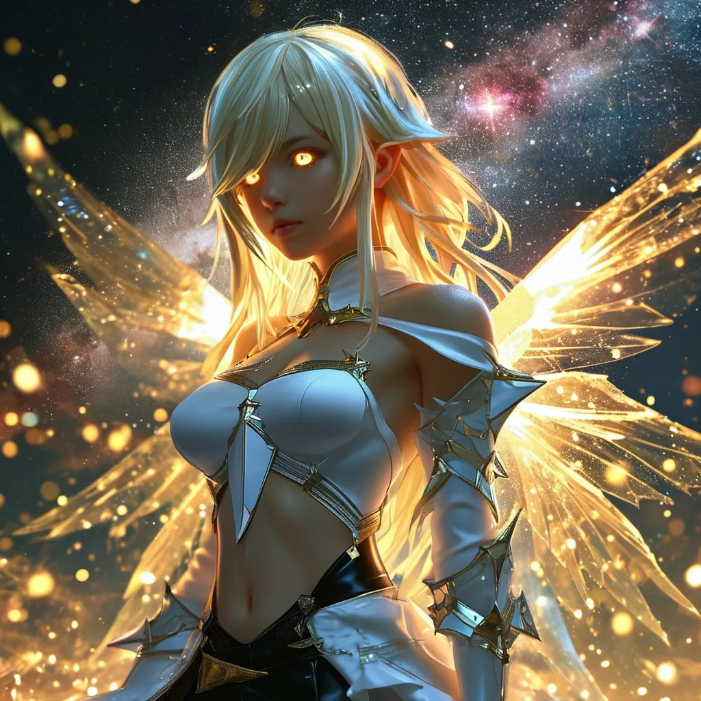 Prompt: anime, girl, detailed, very detailed, a woman in a white clothes, black skirt, stars and galactic in the background, official art, anime, girl, detailed, very detailed, crystal yellow eyes, very long blonde hair, 8k, detailed eyes, Anime illustration of a tall woman,  flame fairy wings, black thigh-highs, bright pupils, space, starfalls , high quality, thin body, anime art, detailed eyes, professional, atmospheric lighting, normal hands, five fingers, aura, adult woman, cold face, sharp eyes, 1girl, glowing eyes, Lumine from genshin impact, dress, textured corset with gold accessories, wearing long black gloves, bare shoulders, pyrokinesis, flame, white long arms shirt with black gloves, a white armor futuristic suit