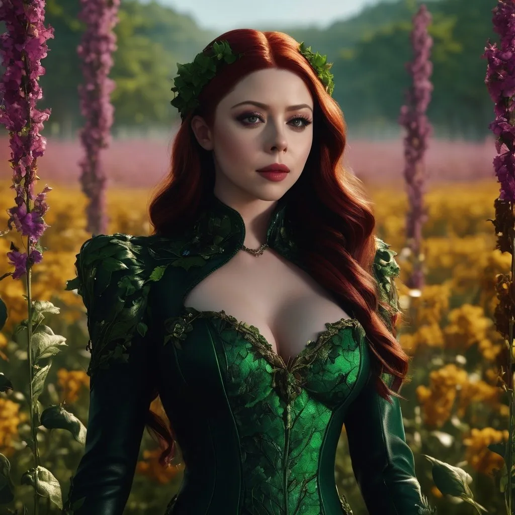 Prompt: full body, Michelle Trachtenberg as Poison Ivy stands in a field of flowers in full bloom, she is about to sneeze,  detailed matte painting, deep color, fantastical, intricate detail, splash screen, complementary colors, fantasy concept art, 8k resolution trending on Artstation Unreal Engine 5