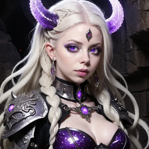 Prompt: Michelle Trachtenberg, surreal ~ audra auclair ~ digital Cel shaded anime style ~ demon warrior woman with long braided white hair, purple glowing sparkle eyes, pale skin, large anime eyes, freckles, two dark purple horns, and skinny with small chest. wearing jewels, heavy armor,  and thigh high boots. in a dungeon with ethereal magic and glowing crystals.  