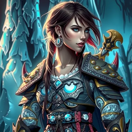 Prompt: (beautiful girl from the Ice Age), (awesome warrior), (ruler), small spots of vitiligo, fantasy style, cool color scheme, mystical atmosphere, heavily detailed icy background, shimmering frost, ethereal lighting, powerful expression, intricately designed armor, confident stance, vivid textures, ultra-detailed, high-definition, enchanting and dramatic ambiance.