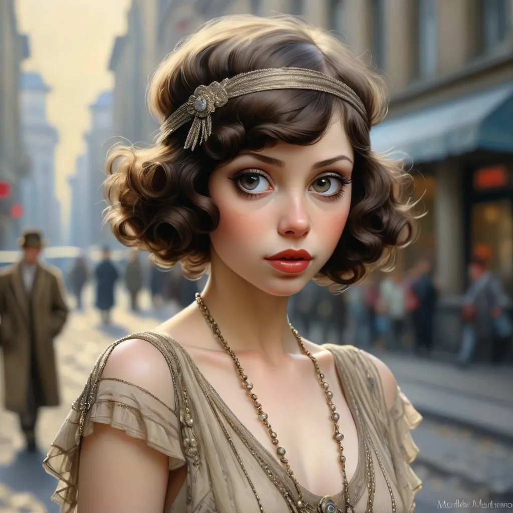 Prompt: hyper-realistic painting by Serge Marshennikov, Luis Royo, Karol Bak :: Michelle Trachtenberg as a young pretty happy 1920s flapper woman, short curly brunette hair, wearing fashionable clothing, walking down a city street in Berlin:: 8k resolution, incredible details, a masterpiece, photorealistic