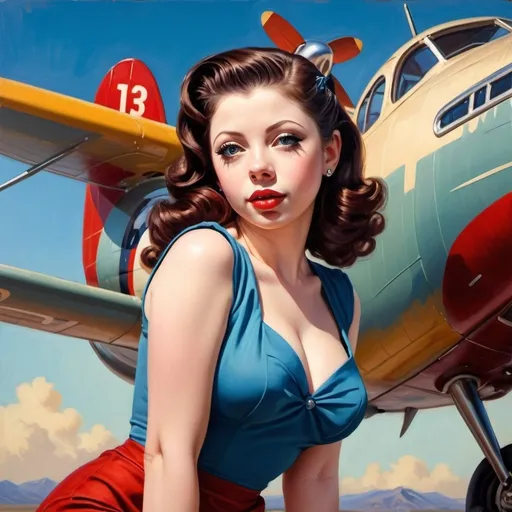 Prompt: Michelle Trachtenberg, vintage pinup girl, 1940s pin-up, vibrant colors, high quality, oil painting, retro, vintage airplane, glossy finish, detailed features, classic beauty, glamorous attire, sultry pose, vibrant colors, warm lighting