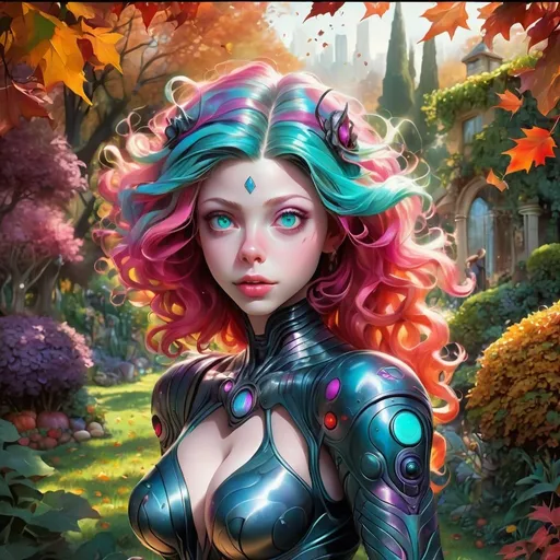 Prompt: Michelle Trachtenberg, Craft a detailed visual narrative centered on an alien woman characterized by her striking multicolored hair and vividly colored eyes, depicted in a dynamic pose as she navigates through an autumnal garden at dawn. The ambient light of the early morning accentuates the rich palette of her features and the surrounding fall scenery, enhancing the depth and texture of the image. Emphasize a seamless blend of ink's fluid vibrancy with the intricate details typical of psychedelic art, creating a backdrop that's both ethereal and meticulously detailed