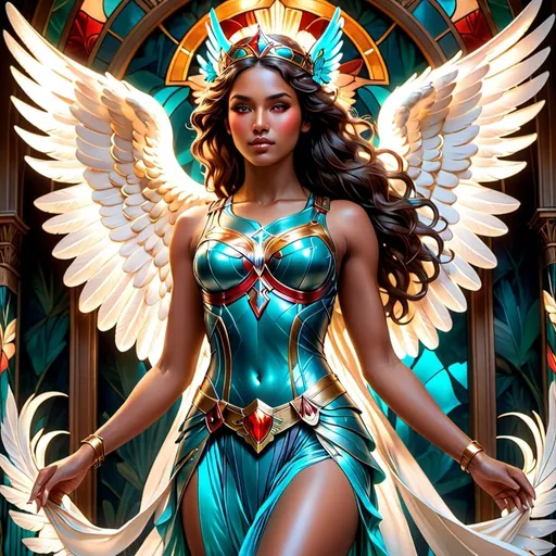 Prompt: Nike goddess of victory, wings, wax figure, glowing eyes, volumetric lights, red and cyan theme, art nouveau botanicals, intricate, highly detailed, digital painting, artstation, concept art, smooth, sharp focus, cinematic, illustration, beautiful face, art by artgerm and greg rutkowski and alphonse mucha