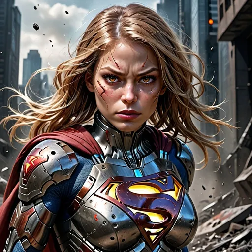 Prompt: cyborg supergirl, in the style of aggressive digital illustration, realistic hyper-detailed rendering, apocalypse art, crimson and bronze, cybernetic, intense action scenes, intense and dramatic lighting, optical blending, hyperrealistic illustrations, high-energy imagery --ar 4:5 --s 950 --no freckles --v 6.0 - Upscaled