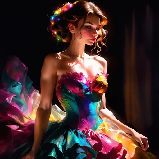 Prompt: Woman, Feeling Bright_Burlesque_Gown. Digital woman painting, (chiaroscuro sombers:3.0) Anime with painterly triadic colors shading && Clear coat imagery retina display. The lady in glowing ball gown, adjusting hair, light particles, beautiful soft candlelight, brown eyes , luscious brown hair, collarbone, rough paint strokes splatters by Fine Art Griffiths, beautiful lighting on dress