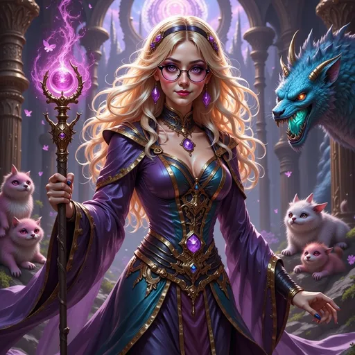 Prompt: fantasy RPG character (blonde transgender girl), sparkling (hazel eyes), stylish glasses, wearing an (intricate wizard robe), holding a glowing staff, enchanted symbols in the background, mystical ambiance, colorful magic effects, detailed fantasy setting, surrounded by iconic fantasy creatures, (4K resolution), ultra-detailed, epic style.