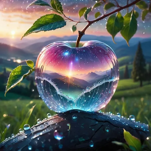 Prompt: ((a delicate big apple)), made of diamond hung on branch in a beautiful dawn, in the background beautiful valleys, (Dew drops), divine iridescent glowing, opalescent textures, volumetric light, ethereal, sparkling, light inside body, bioluminescence, studio photo, highly detailed, sharp focus, photorealism, 8k, best quality, ultra detail:1.5, hyper detail, hdr, hyper detail, ((universe of stars inside the apple))