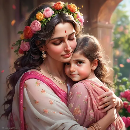 Prompt: a heartwarming, realistic portrait of a mother wearing a beautifully embroidered saree, warmly embracing her daughter who is wrapping her arms around her in a loving hug. The grandmother's expression is one of pure affection and pride as she holds her granddaughter close. They are surrounded by a delicate garland of fresh flowers, roses, and gentle ribbons cascading down the sides. Hyperrealistic, splash art, concept art, mid shot, intricately detailed, color depth, dramatic, 2/3 face angle, side light, colorful background