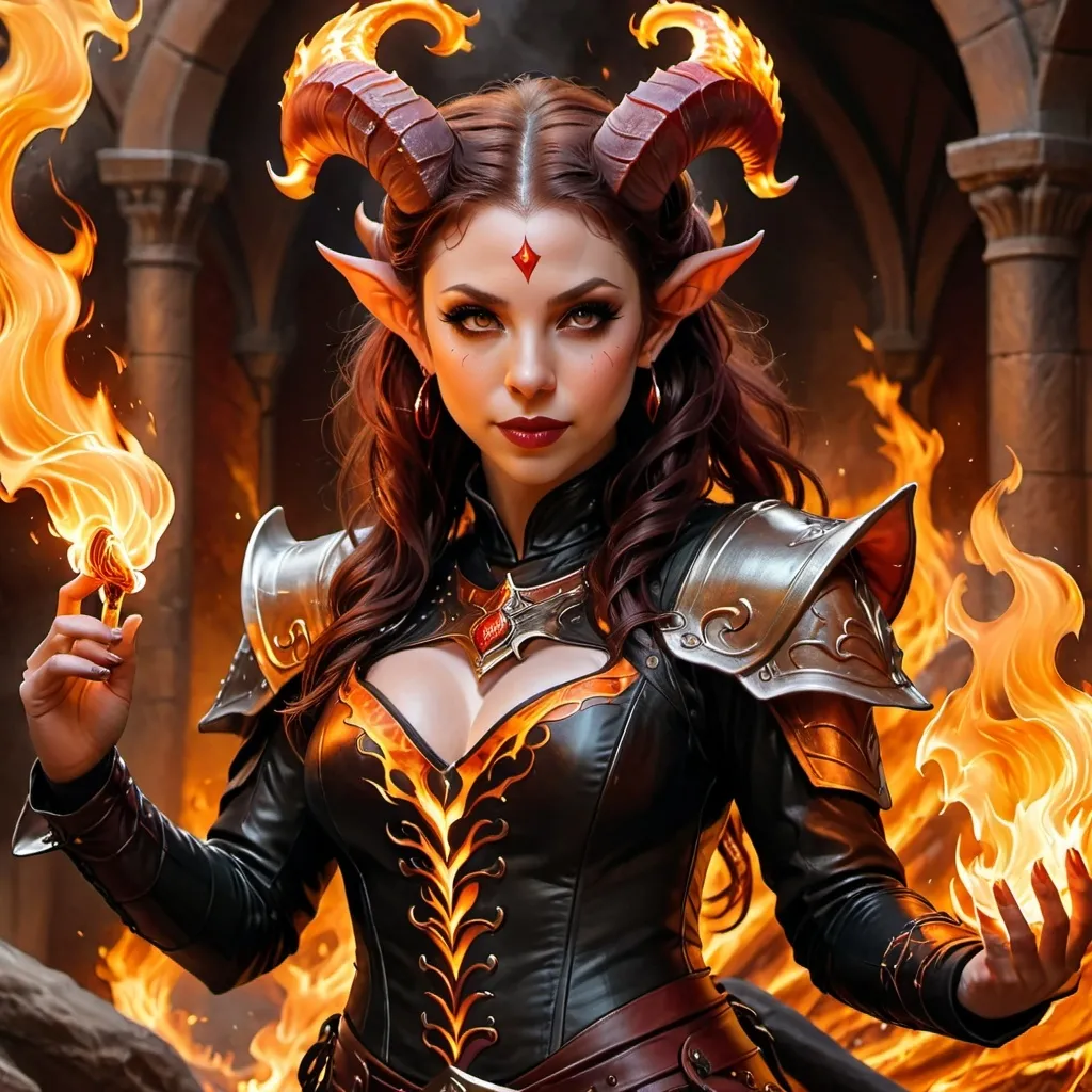 Prompt: Michelle Trachtenberg as a hyper-realistic Tiefling character with fire hands, fantasy character art, illustration, dnd, warm tone