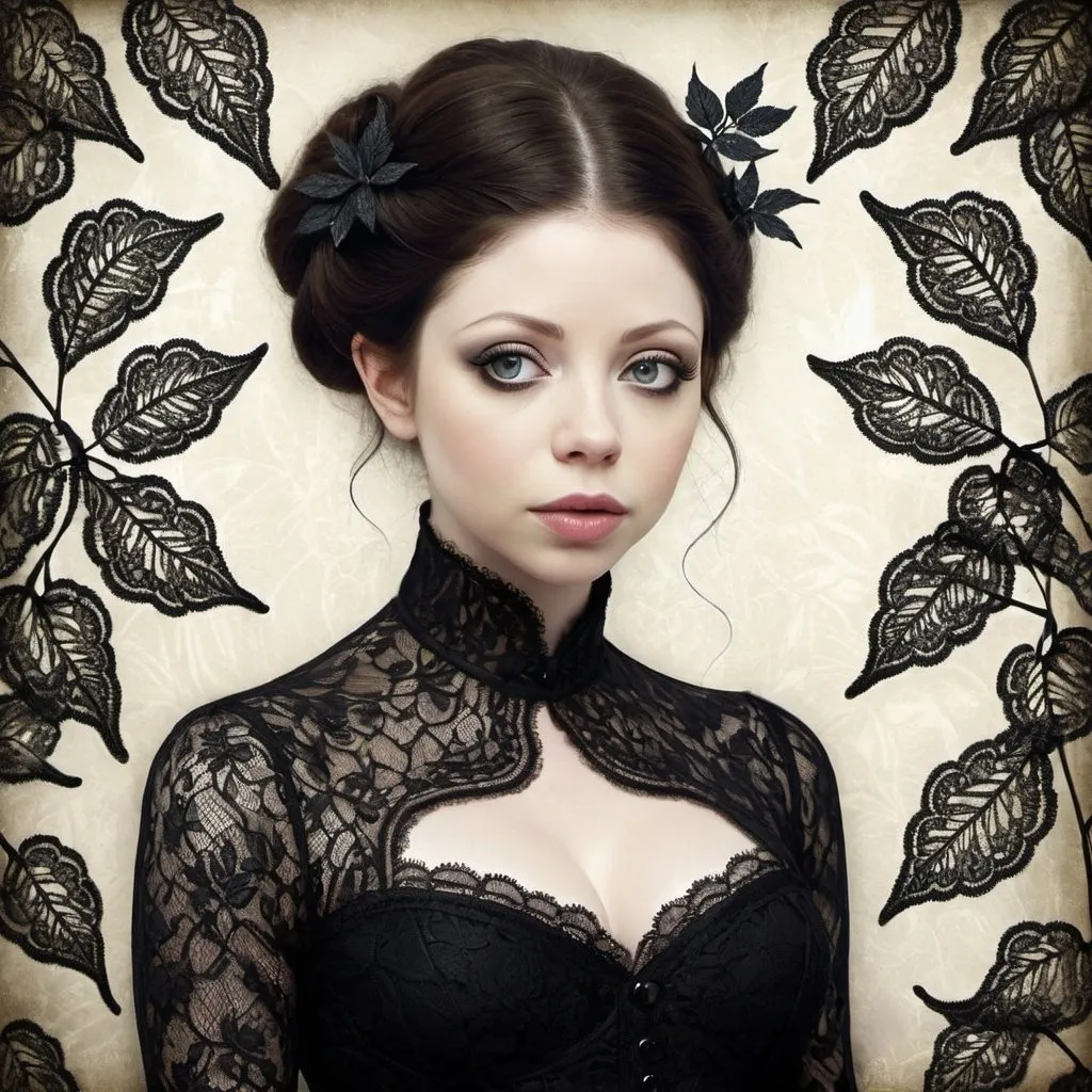 Prompt: Michelle Trachtenberg, black lace outfit, intricate leaves, detailed design, surreal, high quality, Christian Schloe art, white background, surreal art, lace details, detailed portrait, professional, ethereal lighting