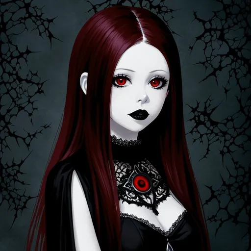 Prompt: MIchelle Trachtenberg, A sorceress with long straight blood-red hair, dark red eyes. Gothic black eyeshadow with black lipstick. Pale skin and a black dress.