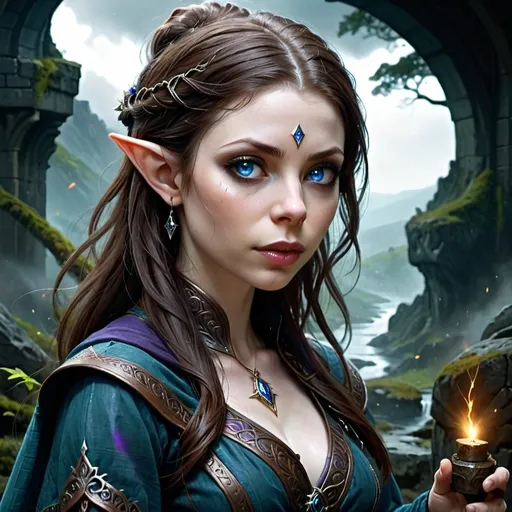 Prompt: Michelle Trachtenberg, (dark fantasy game character art), (Aen Seidhe elf, Scoia'tael), sorceress with (ethereal presence), (brunette hair), (blue eyes), wearing (intricate robes) intertwined with gray and brown, (shadows enveloping), (mystical powers), set against (an ominous landscape), (dramatic lighting), (dark dappled colors), suiting a somber atmosphere, (highly detailed), with a vibrant energy of a (4K clarity) image, (inspired by The Witcher 2).