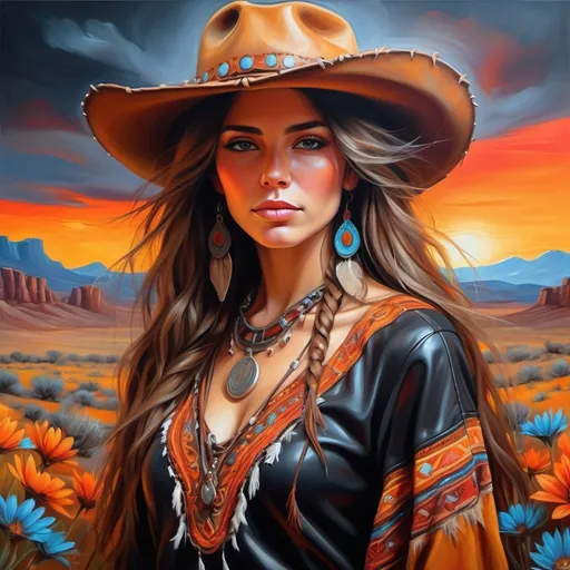 Prompt: intricate oil painting of a boho lady, (anime style), beautiful stunning cowgirl, exotic attire, wearing black rustic leather, vibrant color scheme with rich textures, vivid hues of red and orange, soft brush strokes, dreamy ambiance, detailed background of arid landscapes and wildflowers, dramatic lighting captures her elegance, ultra-detailed, captivating expressions.