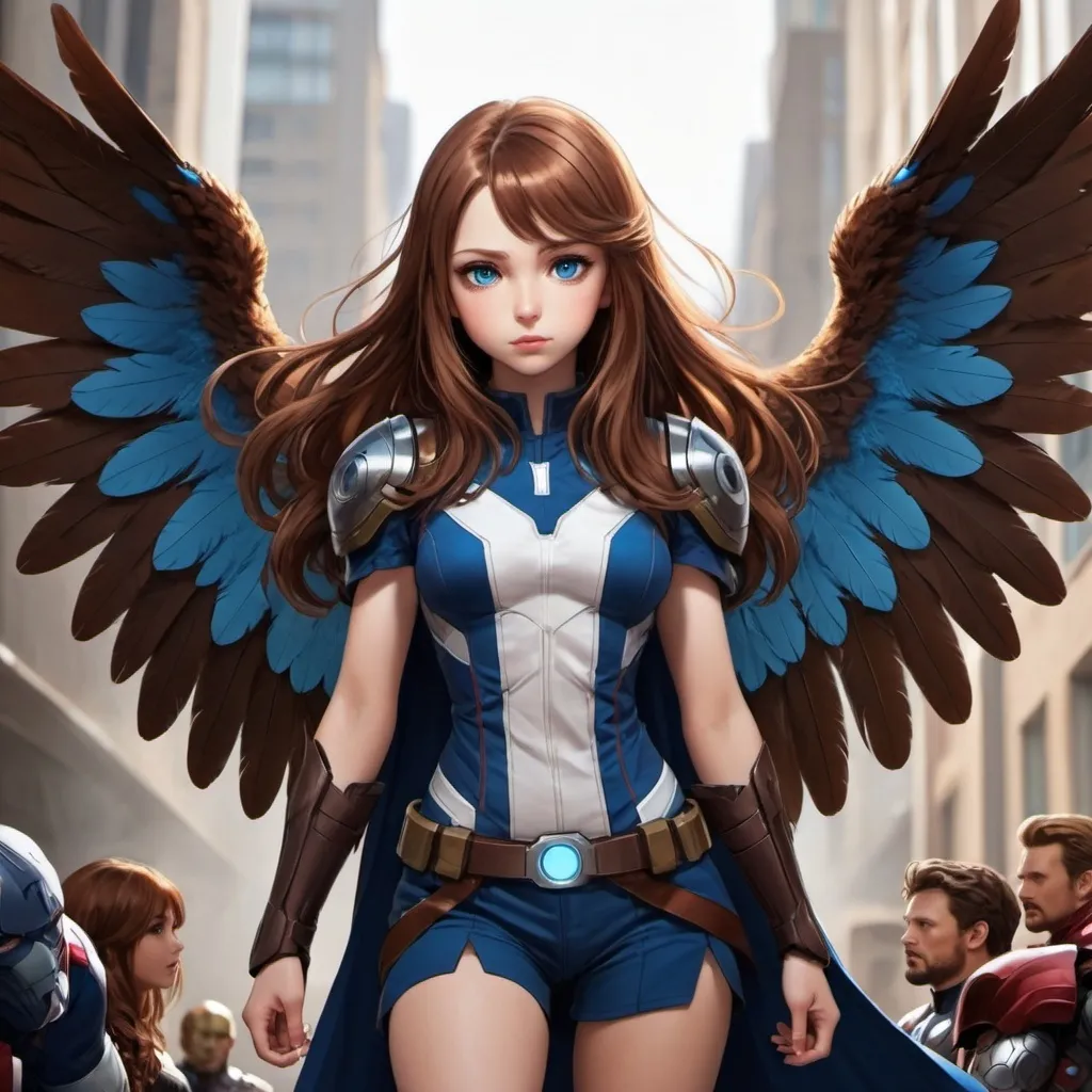 Prompt: Anime style brown hair girl with blue eyes and large brown feathery wings. Standing with the avengers
