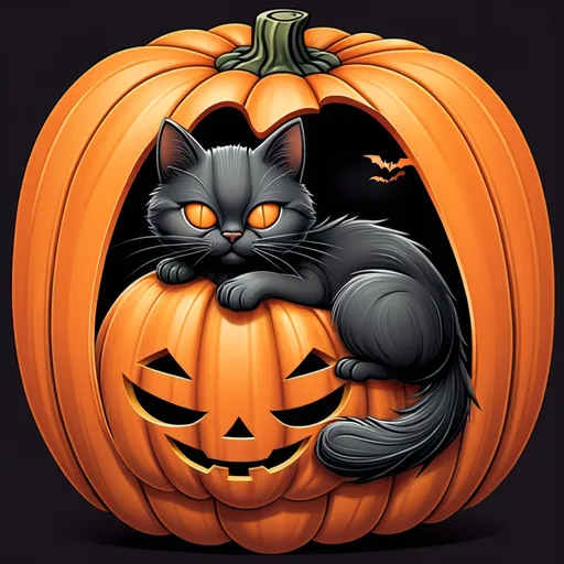 Prompt: A100 --stylizestyle A whimsical Halloween-themed illustration featuring a large, vividly carved pumpkin with a classic jack-o'-lantern face. The pumpkin, with its smooth, orange surface and visible ridges, dominates the center of the image. Inside the pumpkin, a content black kitten with fluffy fur is sleeping, its head resting on the edge with eyes closed, conveying a sense of peace. The kitten wears a charming black witch hat with a gold buckle, tilted slightly to the side. To the right of the pumpkin, a chipmunk with a thick, fluffy grey tail and brown and white fur is perched on the edge, looking curiously at the viewer with big, expressive eyes. Its bushy tail stands upright, adding to its expressive appearance. At the bottom right, another small chipmunk with brown and white fur sits on a smaller orange pumpkin, also gazing curiously. The scene is surrounded by autumn leaves in vibrant shades of orange, yellow, red, and pink, scattered around the pumpkins and animals, creating a warm and festive atmosphere. Additional elements such as a large brown pine cone, an almond-shaped nut, and more small pumpkins are visible among the fallen leaves, enhancing the seasonal feel. The background features a soft, textured beige gradient with scattered autumn leaves, providing a neutral backdrop that emphasizes the central subjects. The lighting is soft and even, highlighting the details of the subjects without casting harsh shadows. The overall mood is cozy, lighthearted, and festive, perfectly capturing the essence of Halloween and autumn.