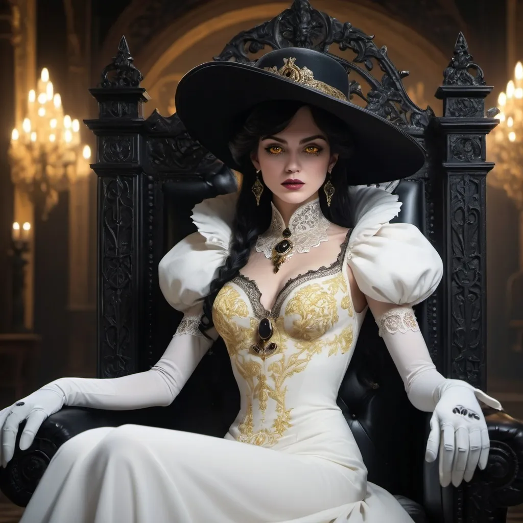 Prompt: Portrait of The (Lady Dimitrescu), sitting regally on an ornate throne, (elegant embroidery on a flowing white dress), striking contrast with (black hat and gloves), surrounded by intricate gothic decor, (dynamic lighting casts dramatic shadows), exhibiting intense (yellow eyes), possessing long claws. Atmosphere is (mysterious) and (elegant), offering an (overdetailed anime style) in stunning (4K HD resolution). Mature woman, A true masterpiece of (animation series art).