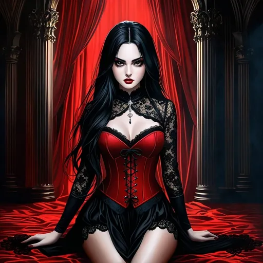 Prompt: woman in a red corset on her knees, fine art digital painting, lace-draped Gothic setting, dramatic lighting, detailed facial features, flowing dark hair, intense expression, high quality, fine art, digital painting, gothic, dramatic lighting, lace-draped, detailed facial features, intense gaze, flowing hair