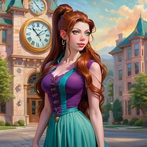 Prompt: Michelle Trachtenberg, (cartoon of a woman with a very long hair and ponytail), (vibrant color scheme), standing in front of a building with a clock, the essence of pre-Raphaelitism, inspired by Thomas Kinkade's warmth, (character portrait), bright, cheerful ambiance, detailed background with beautiful architectural elements, exaggerated features and expressions, ultra-detailed, dynamic and engaging composition.