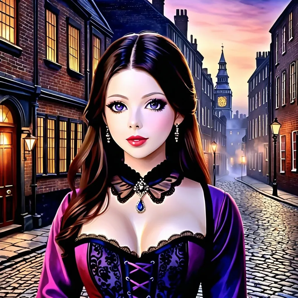 Prompt: Michelle Trachtenberg, watercolor of old town, brick buildings, street lamps, cobble streets, late evening at dusk, dark, moody, fog, 18th century London, beautiful woman. Corset dress, brunette hair, purple eyeshadow and lipstick. High dynamic range, vivid, rich details, clear shadows and highlights, realistic, intense, enhanced contrast, highly detailed