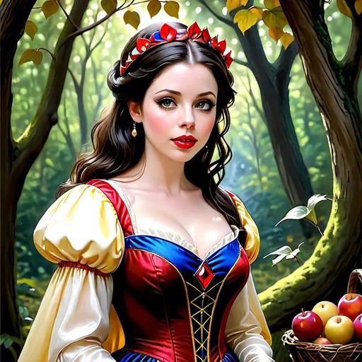 Prompt: Michelle Trachtenberg as Snow White, realistic oil painting, woodland setting, vintage dress with vibrant colors, enchanting expression, detailed facial features, classic fairy tale, high quality, realistic, vintage, detailed facial features, vibrant colors, enchanting expression, woodland setting, oil painting