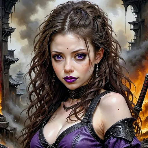 Prompt: Michelle Trachtenberg, Serendipity looks a lot like Angelina in her prime. Long brunette curly hair, mischievous look.  Purple Lipstick and Eyeshadow. Wears a post-apocalyptic samurai woman's outfit in red and black hues. She emerges triumphant from a burning bar, covered in the blood of her enemies. Post apocalyptic hyper detailed acrylic painting by  peter mohrbarcher, Luis Royo, WLOP. Intricate details, complementary colors, 4K resolution.