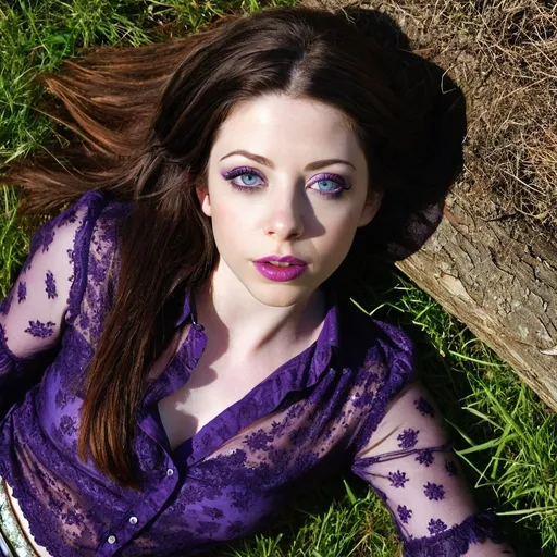 Prompt: Michelle Trachtenberg, Full body HDR photo of beautiful hipster woman, blue eyes, mascara, purple eye shadow, purple lips, brunette hair, dark cheeks, expressive lips, loose blouse, almond shaped eyes, perfect eyes, dimples, long blonde hair, bright sunny day, crawling in a field of grass under a tree . High dynamic range, vivid, rich details, clear shadows and highlights, realistic, intense, enhanced contrast, highly detailed