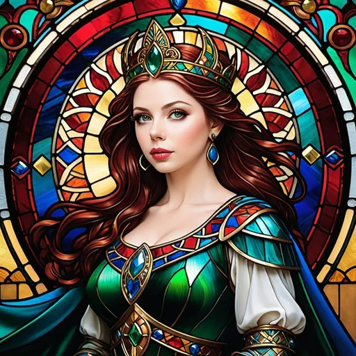 Prompt: Stained glass style depiction of (Michelle Trachtenberg as Boudica), intricate details, (vibrant colors), medieval fantasy backdrop, shimmering light filtering through; rich jewel tones of emerald green, royal blue, crimson red, warm gold highlights, intricate patterns and motifs adorning the glass, high depth, ultra-detailed, whimsical ambiance, evoking a sense of grandeur and mystique in a fantastical realm.