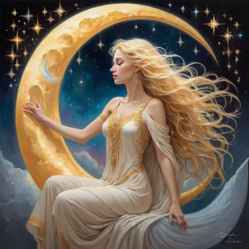 Prompt: A luminous ethereal mythical woman, her flowing golden locks cascading down her shoulders, gracefully perched atop a melting crescent moon, where stars gleam and twinkle like celestial jewels in her outstretched hand. This exquisite scene is captured in a mesmerizing painting, with vibrant colors that radiate warmth and magic. The woman's serene expression exudes otherworldly beauty, bringing a sense of tranquil wonder to the viewer. The intricate details and masterful brushwork make this image a breathtaking work of art that transcends reality.