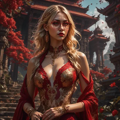 Prompt: <mymodel>full body Stunning frontal 21 year old Balinese girl fashion shot in avant-garde Kebaya Bali, huge beautiful bosoms, blonde hair, glasses, red lips, red eye shadow, extra high details, 64k,, epic, cinematic, panoramic, vivid, hyper realistic, 64 megapixels, Cinematic film still, shot on v-raptor XL, film grain, vignette, color graded, post-processed, cinematic lighting, 35mm film, live-action, best quality, atmospheric, a masterpiece, epic, stunning, dramatic Hyperrealistic, splash art, concept art, mid shot, intricately detailed, color depth, dramatic, 2/3 face angle, side light, colorful background