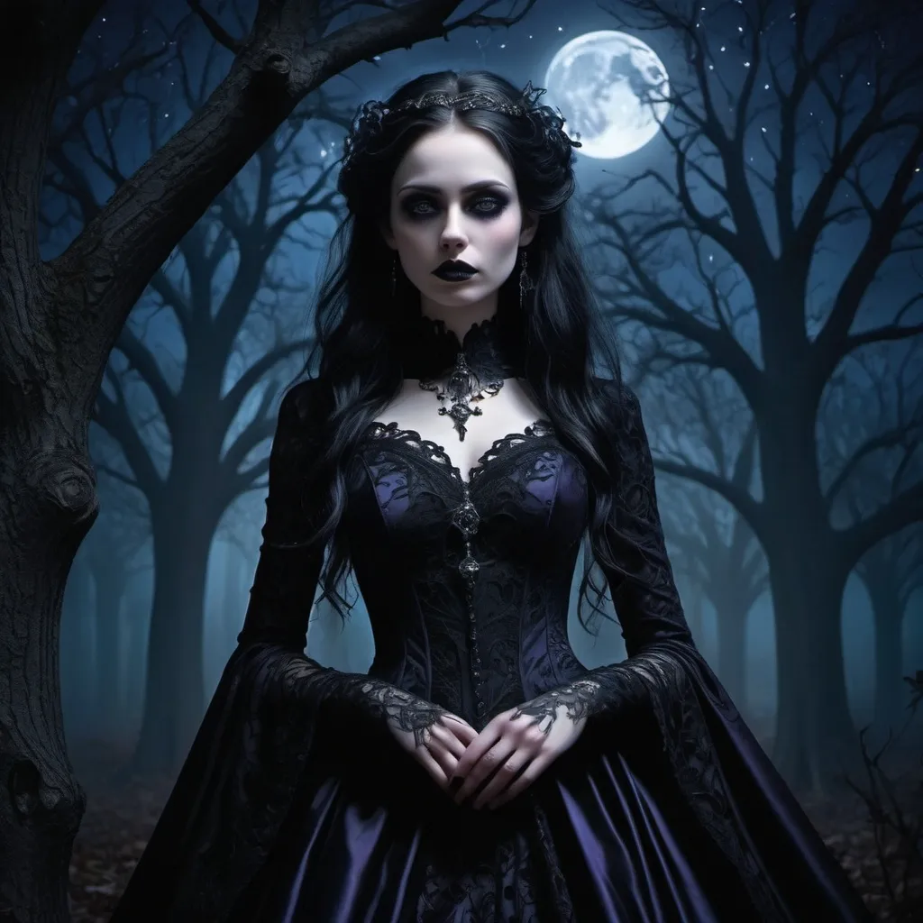 Prompt: (misc-gothic design), mysterious woman, captivating expression, surrounded by dark, swirling shadows, ethereal ambiance, dramatic contrast with (moonlight) illuminating her features, intricate gothic attire, ornate details, enchanting backdrop of twisted trees and starry sky, haunting atmosphere, (ultra-detailed), rich black hues with deep purples, blues, and silver accents, (4K quality) elegant and somber mood.