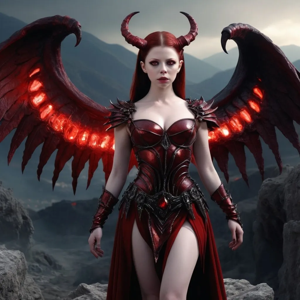 Prompt: HD 4k 3D 8k professional modeling photo hyper realistic beautiful Michelle Trachtenberg as evil demon woman ethereal greek goddess of pride
bright red half shaved head feminine horns dark eyes gorgeous face pale skin dark bejeweled armor red wings full body surrounded by magical glow hd landscape background climbing mountain in the underworld