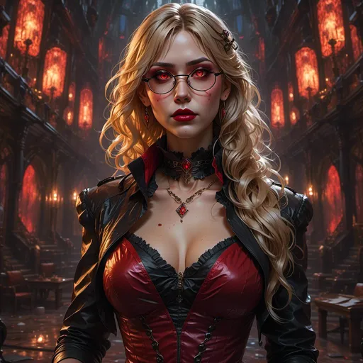Prompt: <mymodel>full body portrait of a female {vampire}, white skin, big dreamy eyes, beautiful intricate blonde hair, glasses, red lips, red eye shadow, plus size, open mouth with vampire fangs, gothic corset, symmetrical, anime wide eyes, dungeon lighting, detailed face, concept art, 4K,