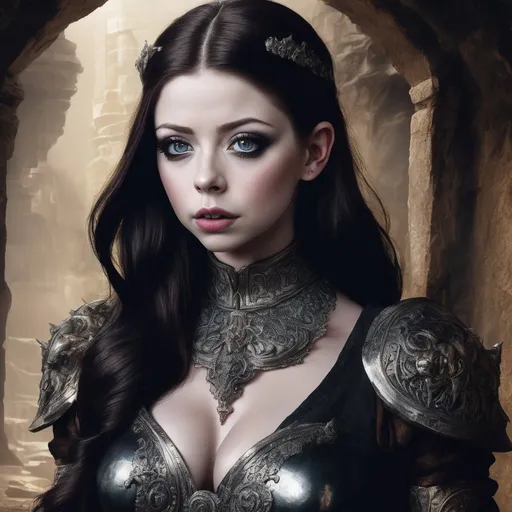 Prompt:  Michelle Trachtenberg, comic niji, (designed by Rebeca Saray:1.2) , painting, Dwarven Girl, ð¥º, Standing, Nervous Amphibian Eyes, Realistic, Flustered, Modern European Ink Painting, technology,  gorgeous, highly enhanced, intricate, romantic, epic atmosphere, lush . graphic illustration, comic art, graphic novel art, vibrant, highly detailed