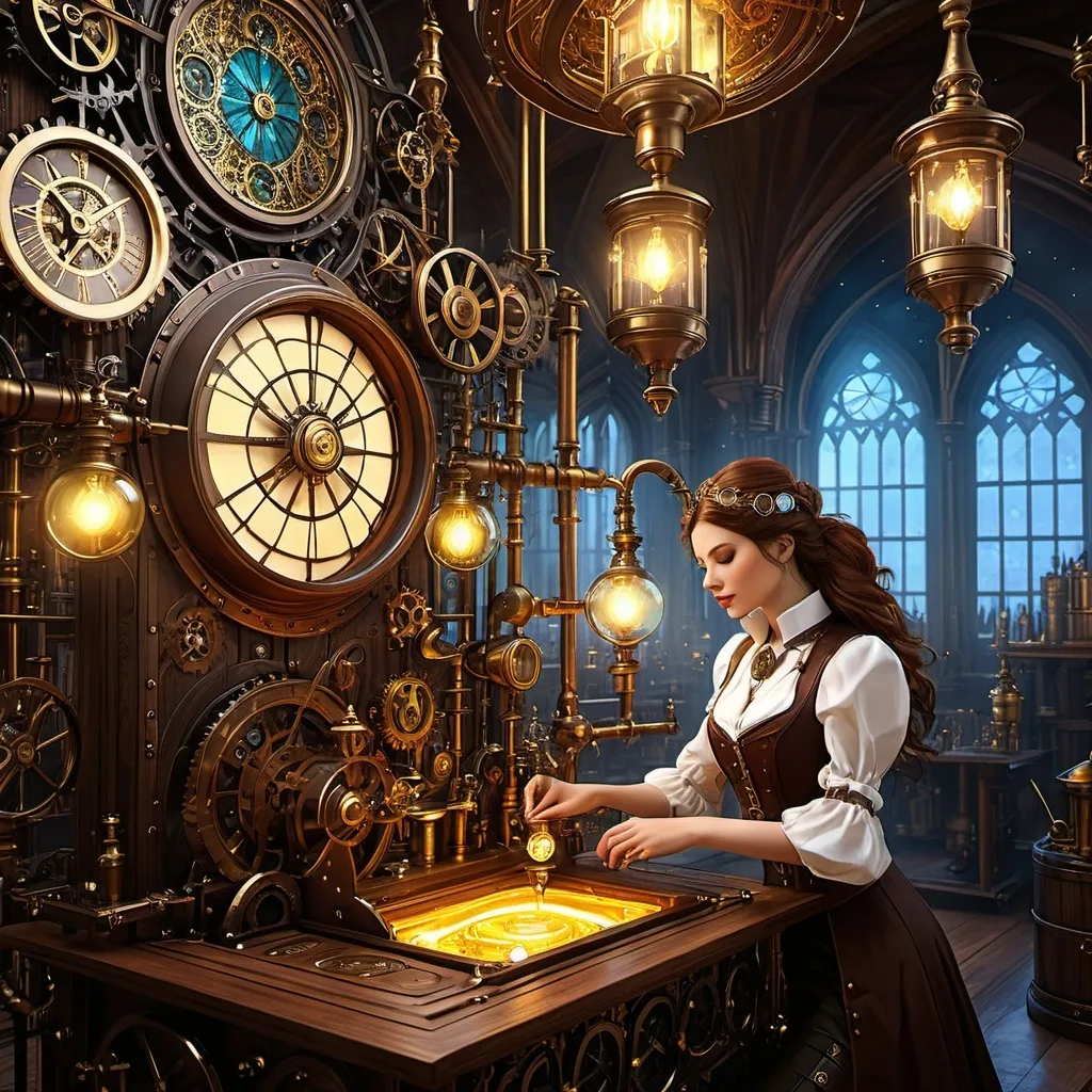 Prompt: (Flying steampunk medieval fantasy contraption), Michelle Trachtenberg, Radiating lights, anton pieck style, intricately designed laboratory equipment, a woman tinkerer at work, rich and deep colors, plasma lightbeam, mysterious and awe-inspiring atmosphere, warm and soothing lighting, gears and cogs, mechanical wings, detailed metalwork, leather straps, glowing crystal fuels, ultra-detailed, 4K, high resolution, concept art, high quality craftsmanship, enchanting setting, fantasy elements interwoven with steampunk aesthetics
