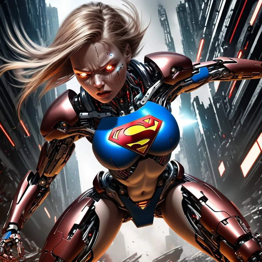 Prompt: Cyborg supergirl in aggressive digital illustration, hyper-detailed rendering, crimson and bronze, cybernetic, intense action scenes, intense and dramatic lighting, optical blending, hyperrealistic, high-energy imagery, apocalyptic art, realistic, intense gaze, high quality, hyperrealism, futuristic, action-packed