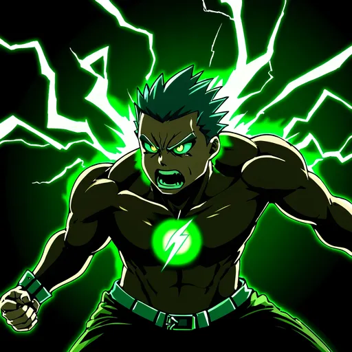 Prompt: A light green glowing hair with green glowing lightning around any an angry looking face with huge range of power 