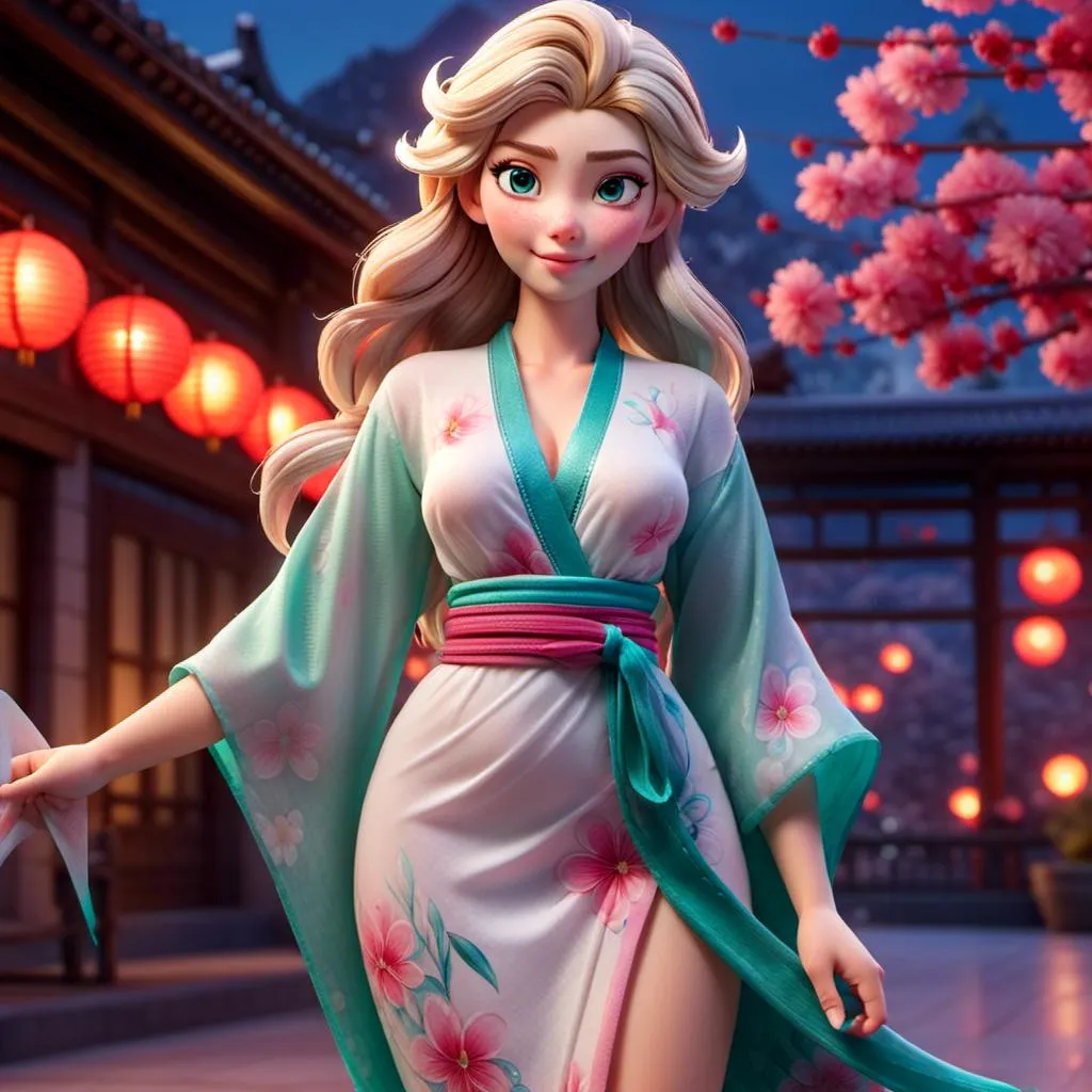 Prompt: <mymodel> Elsa wearing a kimono standing in a mall