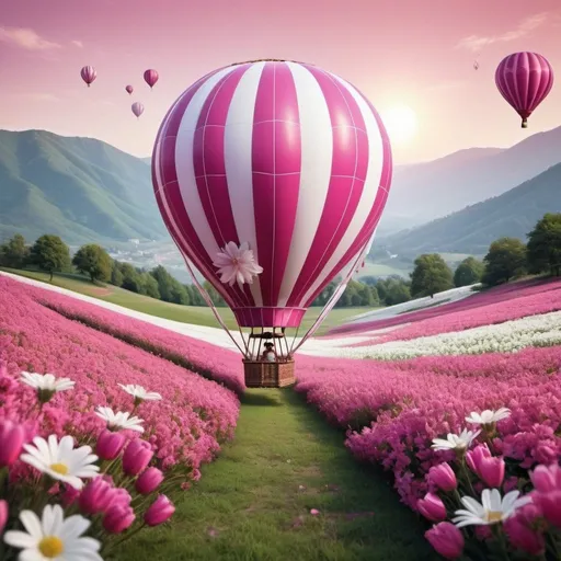 Prompt: create a beautiful and eye-catching hot air balloon illustration based on your description. The balloon will feature dark pink and white colors with a zigzag design, set in an open field filled with countless flowers of the same colors. Sun rays will add a vibrant and elegant touch to the scene, making it look cinematic and captivating.

Elements of the Scene:
Hot Air Balloon:

Colors: Dark Pink and White
Design: Zigzag pattern
Appearance: Catchy and elegant
Open Field:

Filled with dark pink and white flowers
Beautiful and expansive
Lighting:

Sun rays highlighting the balloon and flowers
Enhanced colors due to the sunlight
Steps to Create the Scene:
Balloon Design:
Create a hot air balloon with the specified colors and zigzag pattern.
Background Preparation:
Design a field filled with pink and white flowers.
Add the effect of sunlight to enhance the colors and make the scene more vibrant.