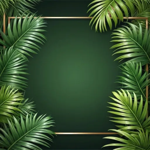 Prompt: Create a background frame adorned with shiny, fresh, and healthy palm leaves. The design should be visually appealing and properly displayed to enhance the overall attractiveness. Ensure the palm leaves are vibrant and lush, evoking a tropical and refreshing vibe. This background frame should complement the main content, providing an elegant and captivating border.
