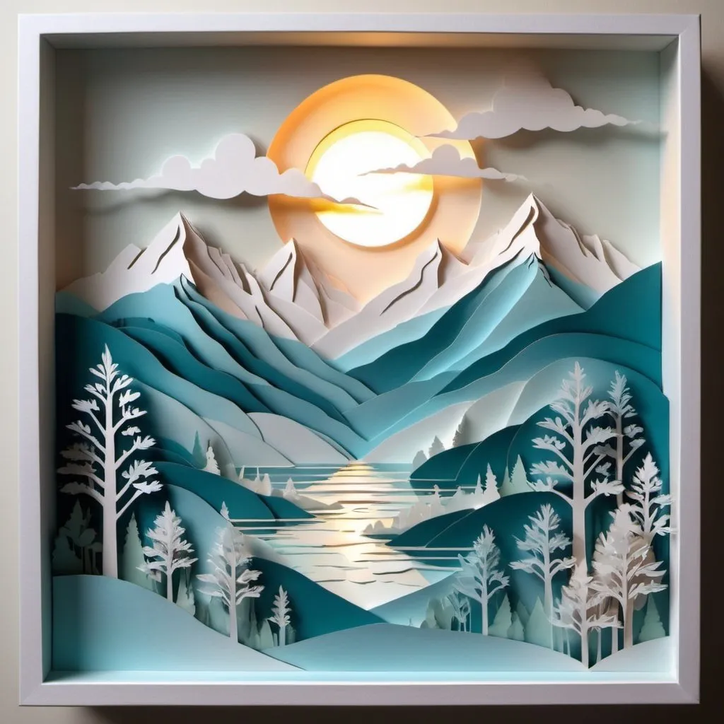 Prompt:  a stunning piece of paper art cut in 3D, designed to capture the beauty of nature. The scene features majestic mountains and a serene valley, with the sun rising or setting in the backdrop. The artwork uses a palette of sea blue and white, creating a soothing and tranquil atmosphere. Each layer of paper is meticulously cut and arranged to give depth and dimension, making the mountains, valley, and sun appear almost lifelike. This design would make a captivating and elegant wallpaper, transforming any space into a peaceful natural haven.





















