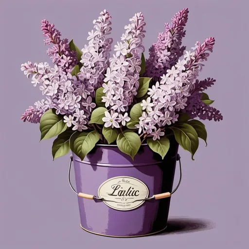 Prompt: create a wall art illustration that features a rich bunch of lilac flowers in a vintage-style purple bucket. The design will be catchy and elegant, with a focus on creating a visually appealing and nostalgic feel.

Elements of the Scene:
Flowers:

Type: Lilac
Arrangement: Rich bunch
Color: Light lilac
Container:

Type: Bucket
Style: Vintage
Color: Purple
Background:

Subtle and complementary to highlight the flowers and bucket
Let's start creating this illustration.

Steps:
Draw the lilac flowers: Create a rich bunch of light lilac flowers.
Design the vintage bucket: A purple bucket with a vintage style.
Combine elements: Arrange the flowers in the bucket and set it against a complementary background.