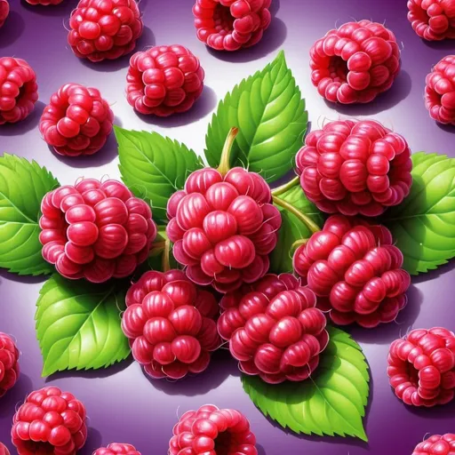 Prompt: reate an illustration featuring a bunch of raspberries with purple, shiny shades to give them an eye-catching and healthy appearance.

Elements to Include:
Raspberries:

Shape: Round with a cluster of drupelets
Color: Purple with shiny highlights
Appearance: Healthy and vibrant
Background:

Complementary to highlight the raspberries
Steps to Create the Scene:
Draw the raspberries: Create individual raspberries with a cluster of drupelets and add shiny highlights to give them a fresh look.
Arrange the raspberries: Form a bunch with the raspberries.
Background preparation: Use a subtle background to make the raspberries stand out.