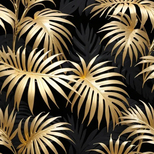 Prompt: captivating design with matte black with matte gold background, evoking a sense of warmth and brightness. The edges of the design are fram

ed with shiny, fresh-looking goldpalm leaves, arranged in an elegant, flowing pattern. Each leaf glistens as if kissed by the sun, creating a vibrant and lively border. The overall composition exudes a tropical freshness, with the radiant leaves providing a striking contrast against the soft black background. This design would make an eye-catching wallpaper or artwork, bringing a touch of sunny, tropical beauty to any space., 3d render, illustration, vibrant, graffit