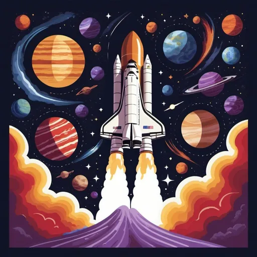Prompt: Space Shuttle: Depict the shuttle in dynamic ascent, with a trail of light or exhaust emphasizing its movement.
Planets and Galaxies: Include detailed representations of Jupiter, Mars, and swirling galaxies, alongside the Milky Way, creating a rich and engaging background.
Color Scheme: Utilize dark blues, purples, and blacks for the background, with bright accents in whites, yellows, and reds to make celestial bodies and the shuttle stand out.
Typography: Incorporate modern, bold fonts with a futuristic feel, ensuring the text complements the space theme.
This design should evoke the awe and wonder of space travel, making it an inspiring and visually striking representation of a space shuttle adventure.






