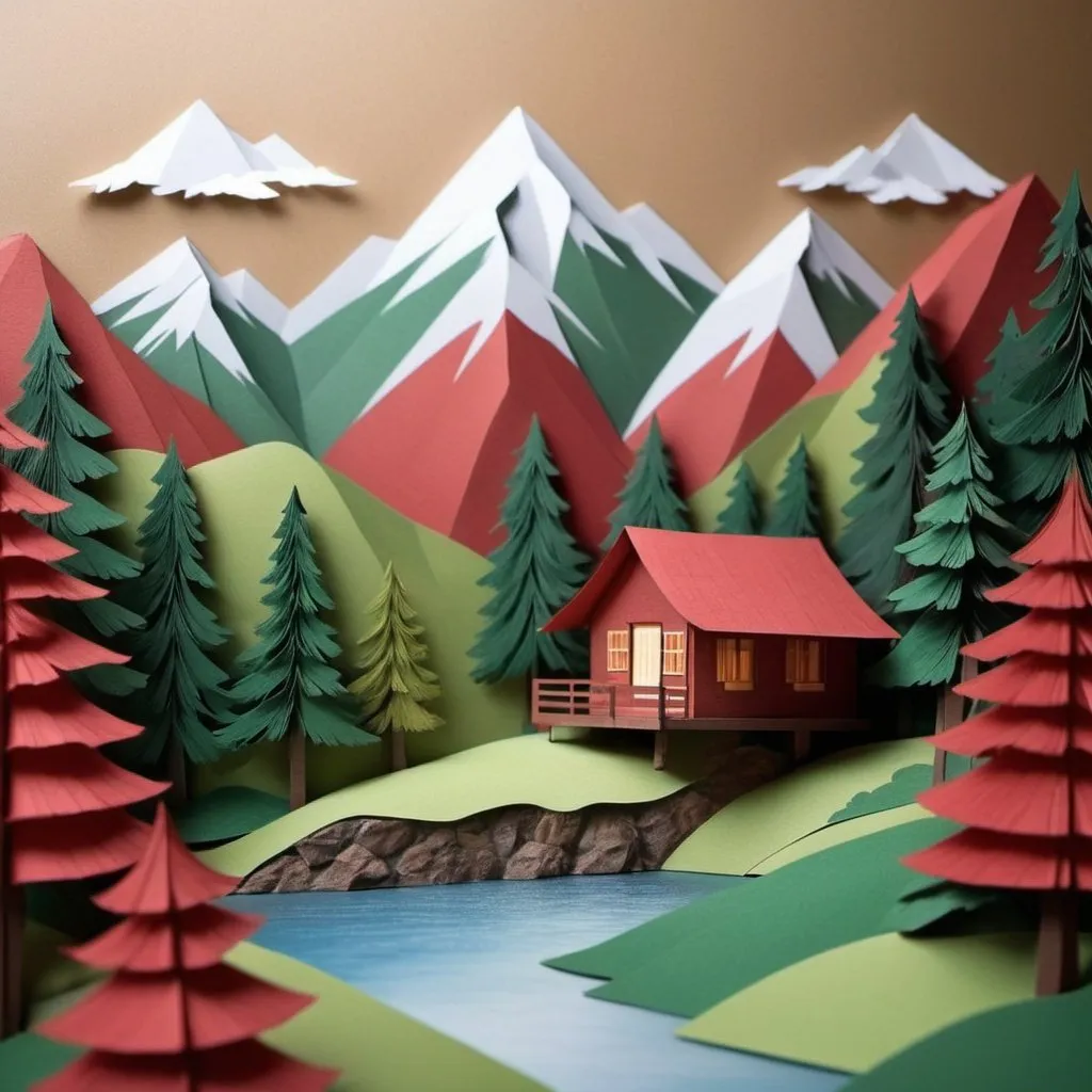 Prompt:  a stunning piece of 3D paper art, meticulously crafted to capture the beauty of nature. The scene features majestic mountains in shades of red and green, rising above a serene valley. Nestled in the valley is a charming hut, painted in a warm brown color with a dark red roof, adding a touch of rustic charm to the landscape. Each element is carefully cut and layered to create a sense of depth and realism, making the mountains and valley appear almost lifelike. This exquisite design embodies the calm beauty of nature, perfect for a captivating and elegant wallpaper.



























