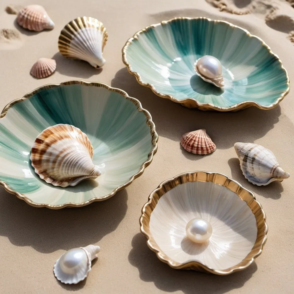 Prompt: a collection of hand-painted trinket dishes, crafted from dosinia, oyster, and scallop shells. Each dish is adorned with intricate designs in gold, pearl, and watercolour, showcasing a palette of seagreen hues. The setting is on a beach where the sand has a subtle green tint, blending seamlessly with the seagreen trinket dishes. The delicate artistry of the shells contrasts beautifully with the natural, serene backdrop of the beach, creating an elegant and calming atmosphere.















