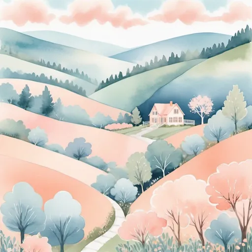 Prompt: Whimsical Watercolor Art Design: Serene Valley Scene
Color Palette:

Light Pink
Peach
Light Blue
Off-White
Elements:

Sky:

Light blue with off-white blend.
Light pink and peach clouds for warmth.
Landscape:

Rolling hills in light pink, peach, off-white.
Distant light blue mountains.
Small House:

Off-white base with light pink and peach accents.
Simple, charming details.
Shrubs and Flowers:

Small shrubs and flowers in light pink, peach, light blue.
Off-white detailing for elegance.
Trees:

Whimsical trees in light blue and off-white.
Pathways:

Light peach pathways winding through the valley.
Techniques:

Wet-on-Wet: For soft sky and hills.
Dry Brush: For house, shrubs, flowers texture.
Layering: For depth without overpowering.
Mood:

Calm, peaceful, happy, whimsical.
Final Touches:

Subtle highlights and shadows.
Harmonious blending of all elements.




