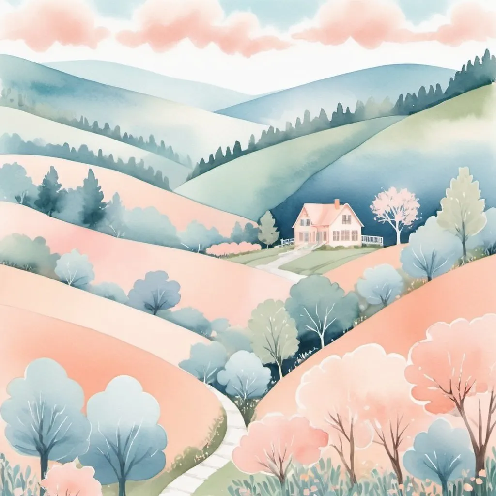 Prompt: Whimsical Watercolor Art Design: Serene Valley Scene
Color Palette:

Light Pink
Peach
Light Blue
Off-White
Elements:

Sky:

Light blue with off-white blend.
Light pink and peach clouds for warmth.
Landscape:

Rolling hills in light pink, peach, off-white.
Distant light blue mountains.
Small House:

Off-white base with light pink and peach accents.
Simple, charming details.
Shrubs and Flowers:

Small shrubs and flowers in light pink, peach, light blue.
Off-white detailing for elegance.
Trees:

Whimsical trees in light blue and off-white.
Pathways:

Light peach pathways winding through the valley.
Techniques:

Wet-on-Wet: For soft sky and hills.
Dry Brush: For house, shrubs, flowers texture.
Layering: For depth without overpowering.
Mood:

Calm, peaceful, happy, whimsical.
Final Touches:

Subtle highlights and shadows.
Harmonious blending of all elements.




